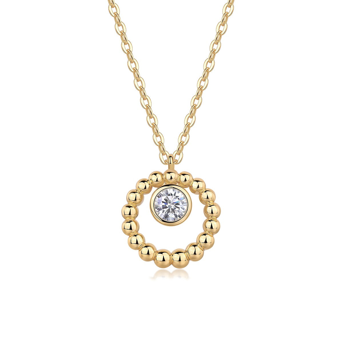 Round Moissanite Bezel Beaded Circle Pendant in Gold-Plated 925 Silver