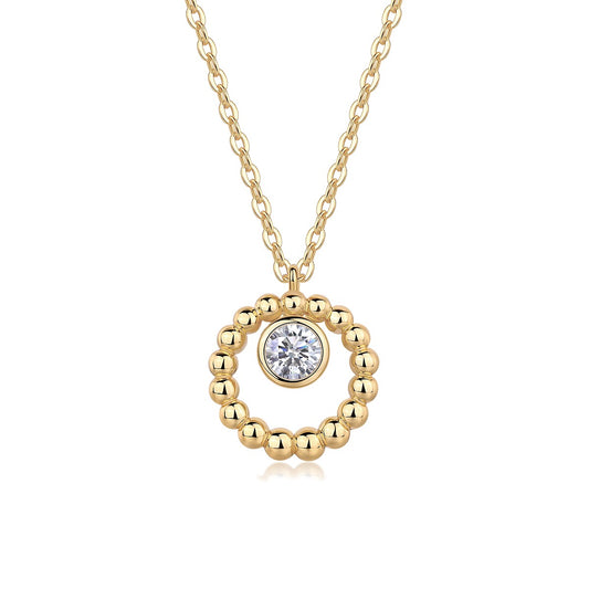Round Moissanite Bezel Beaded Circle Pendant in Gold-Plated 925 Silver