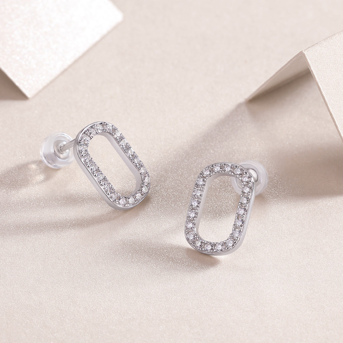Moissanite Pave Open Oval Link Stud Earrings in 925 Sterling Silver