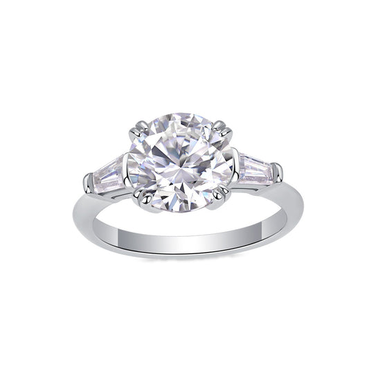 Round Moissanite Three-Stone Ring with Baguette Sides in 925 Silver