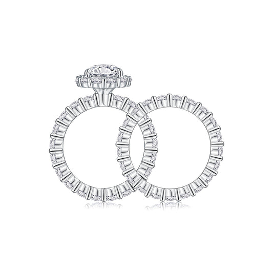 Pear Moissanite Halo Ring and Eternity Band Set in 925 Silver
