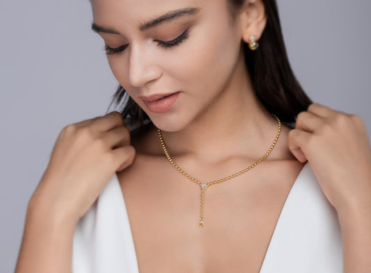 Moissanite Bead-Chain Y Lariat Necklace in Gold-Plated 925 Sterling Silver - worn