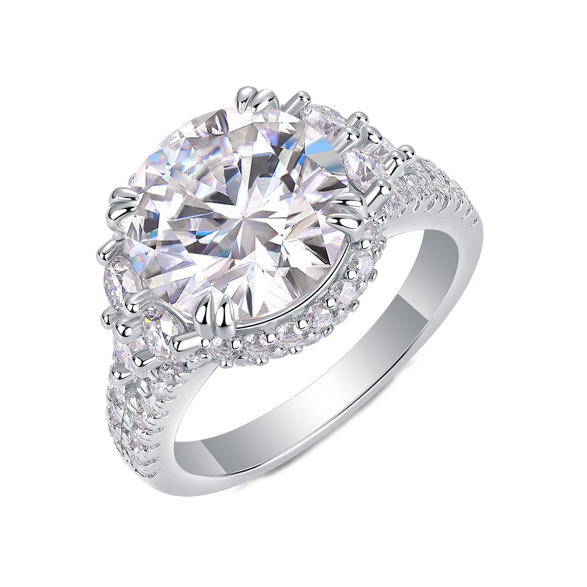 Round Moissanite Statement Ring with Side Stones and Pave Band in 925 Silver
