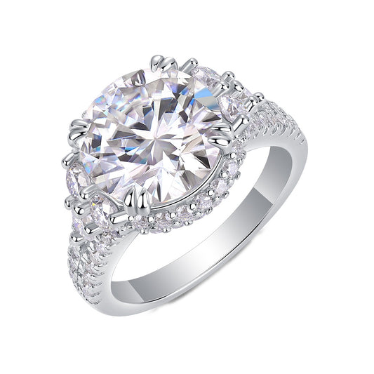 Round Moissanite Statement Ring with Side Stones and Pave Band in 925 Silver