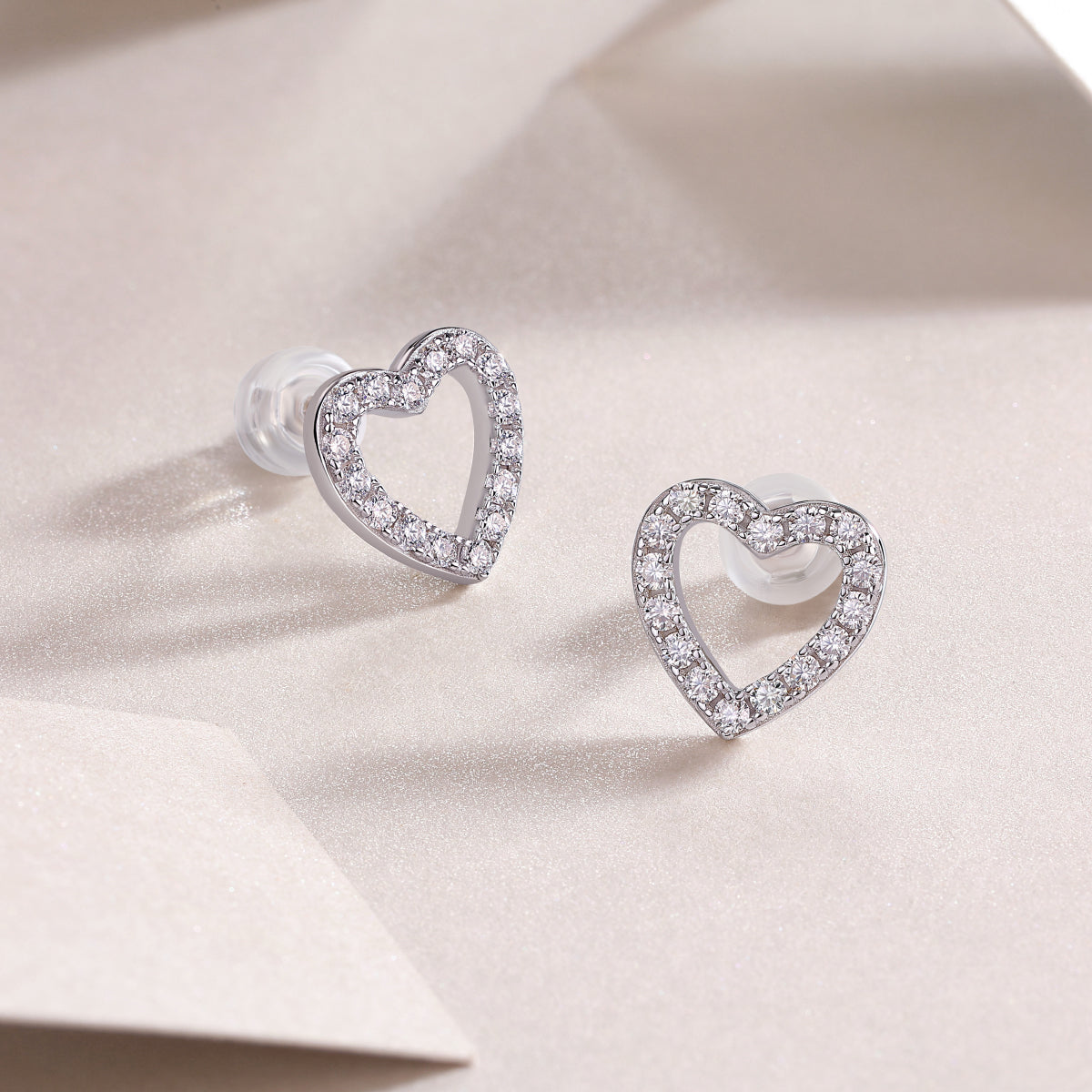 Moissanite Pave Open Heart Stud Earrings in 925 Sterling Silver