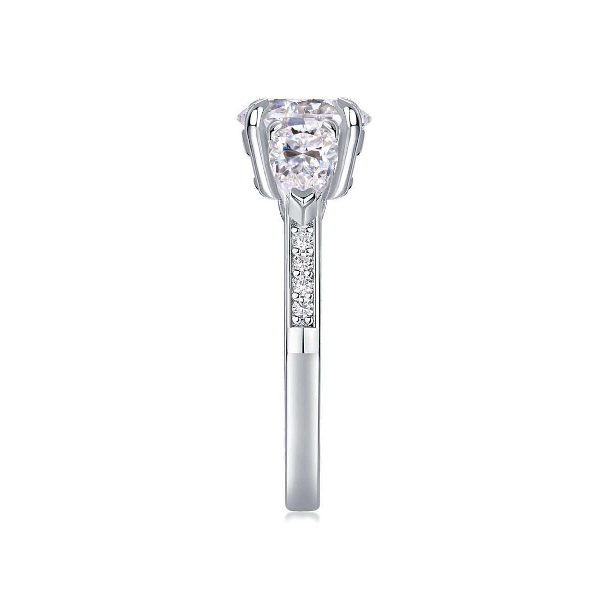 Round Moissanite Ring with Pear Side Stones in 925 Sterling Silver