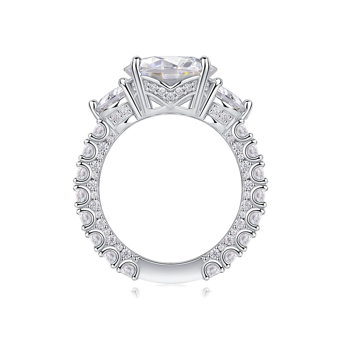 Round Moissanite Three-Stone Ring with Pave Band in 925 Silver