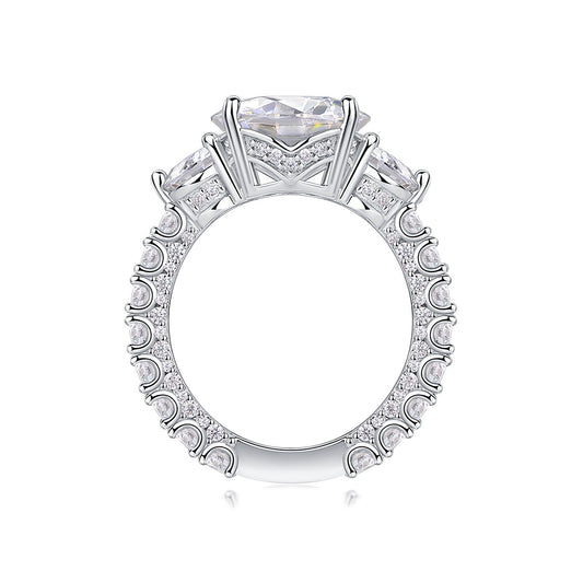 Round Moissanite Three-Stone Ring with Pave Band in 925 Silver