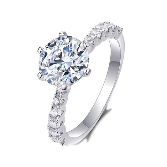 Round Moissanite Six-Prong Solitaire Ring with Pave Band in 925 Silver