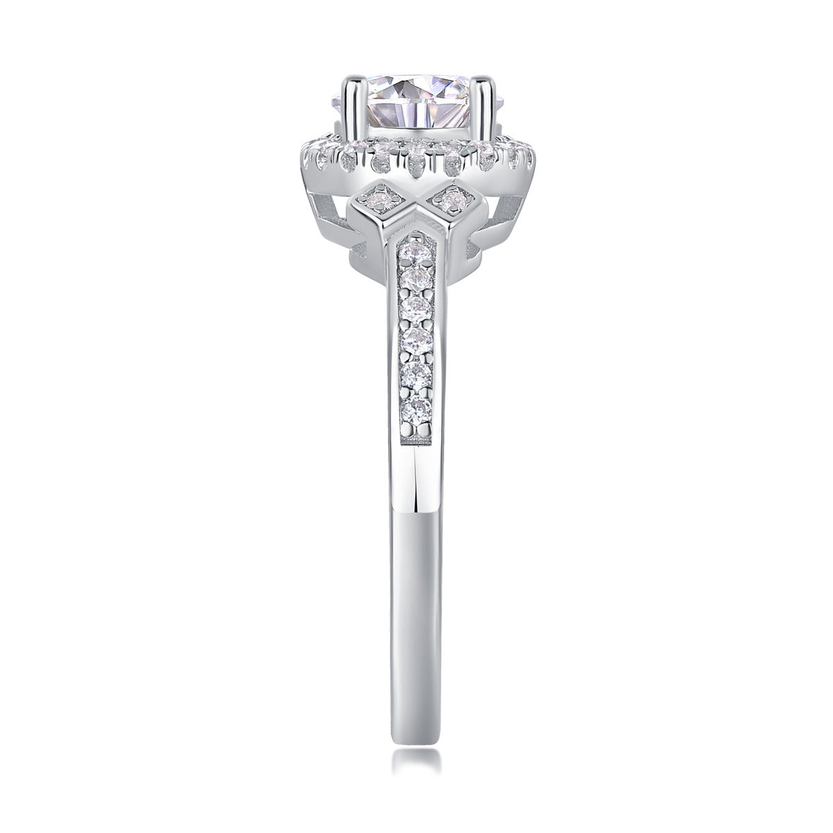 Round Moissanite Halo Ring with Geometric Side Accents in 925 Silver