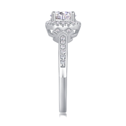 Round Moissanite Halo Ring with Geometric Side Accents in 925 Silver
