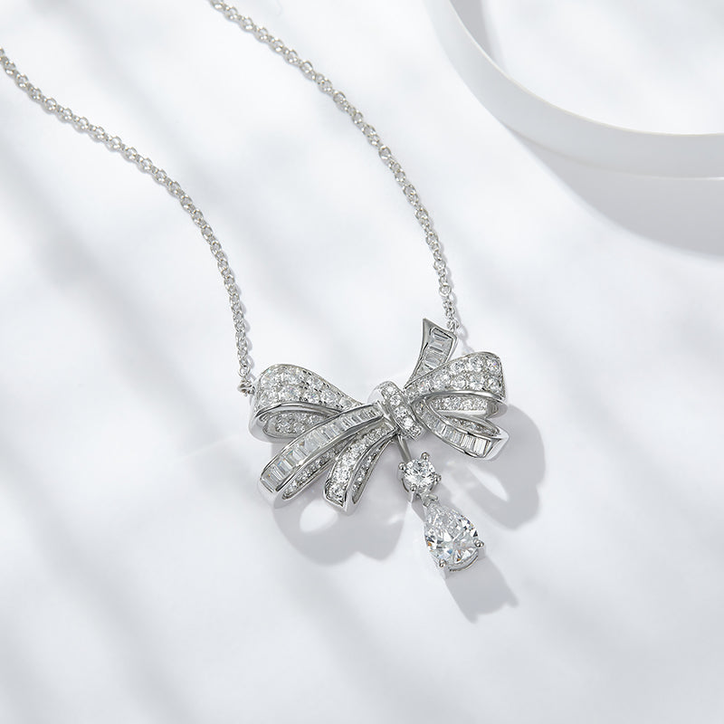 Moissanite Pave Bow Pendant Necklace with Pear Drop in 925 Silver