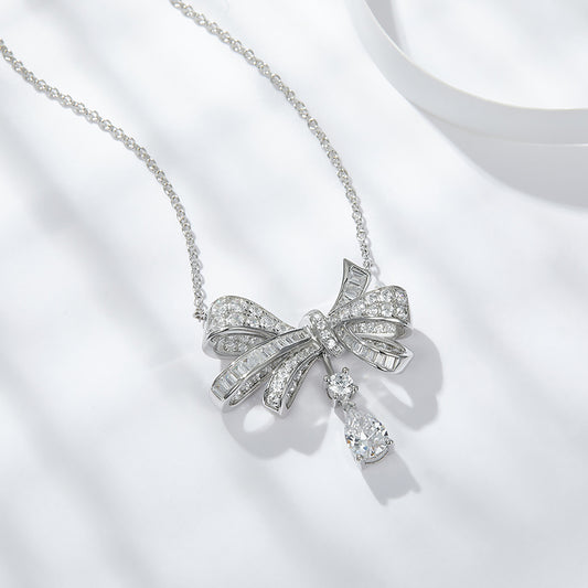 Moissanite Pave Bow Pendant Necklace with Pear Drop in 925 Silver