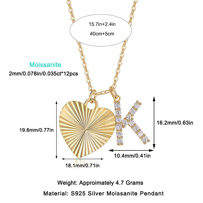 Moissanite Pave Initial and Fluted Heart Necklace in Gold-Plated 925 Silver - size chart