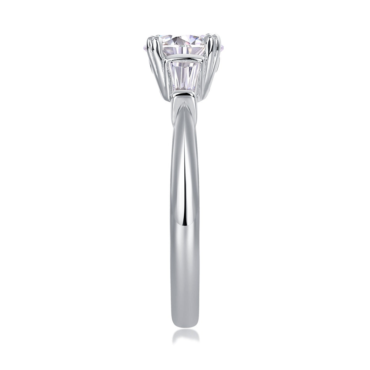 Round Moissanite Ring with Tapered Baguettes in 925 Sterling Silver