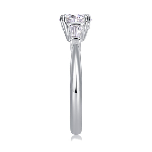 Round Moissanite Ring with Tapered Baguettes in 925 Sterling Silver