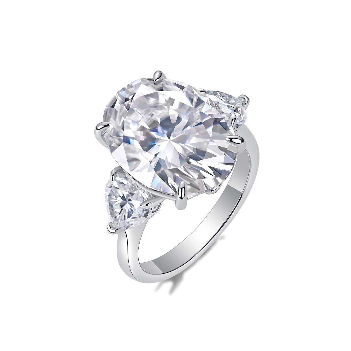 Oval Moissanite Three-Stone Ring with Pear Sides in 925 Silver