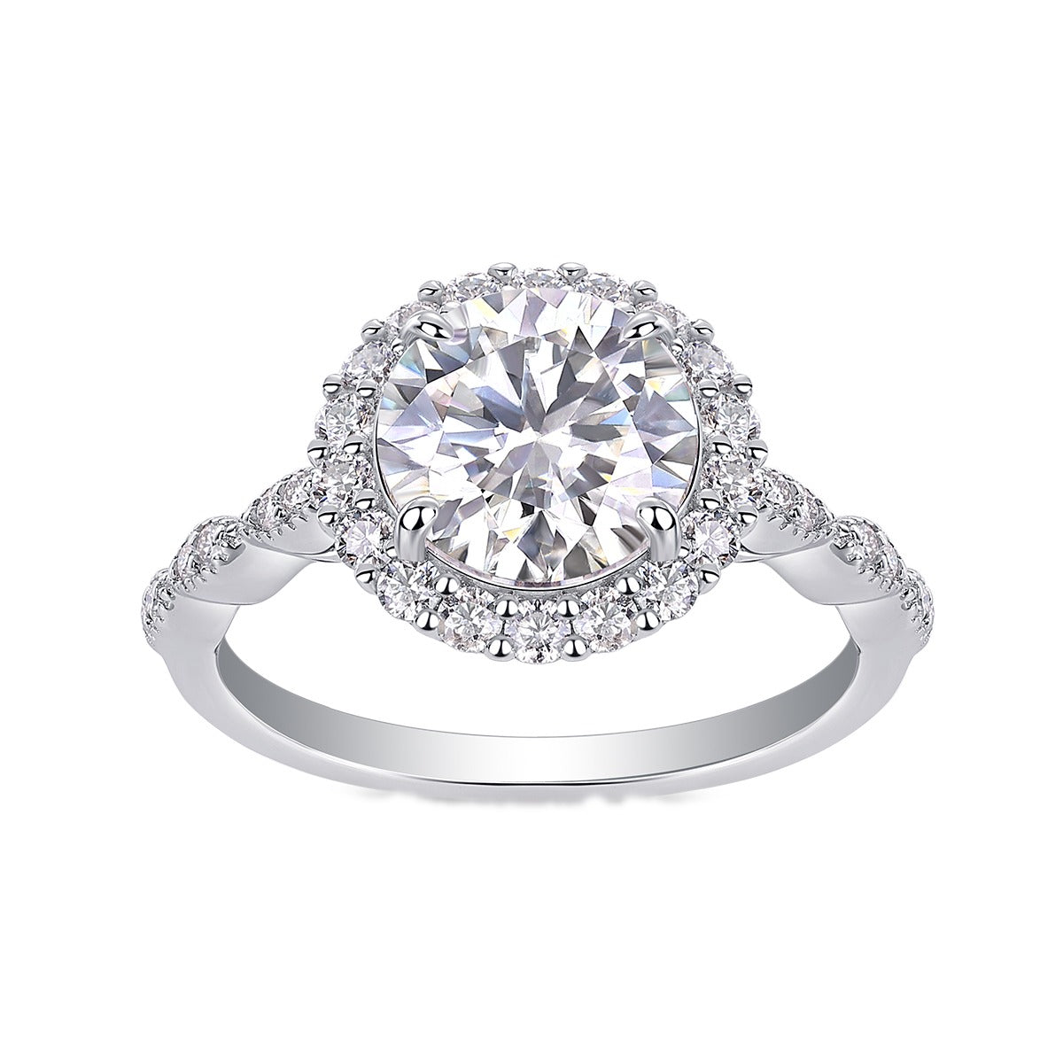 Round Moissanite Halo Ring with Twisted Pave Band in 925 Silver
