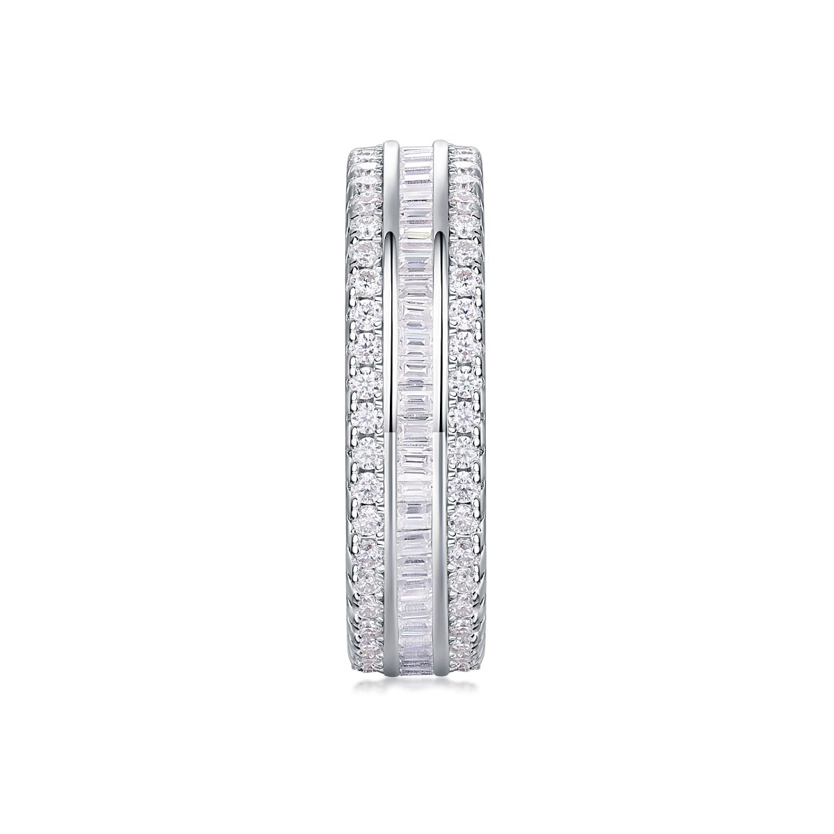 Baguette and Round Moissanite Three-Row Eternity Band in 925 Silver
