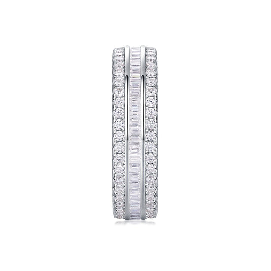 Baguette and Round Moissanite Three-Row Eternity Band in 925 Silver