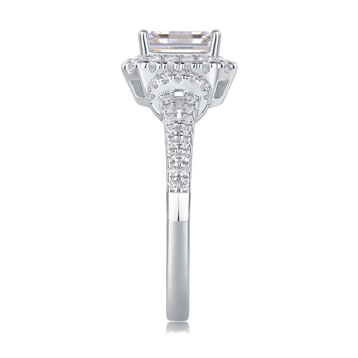 Emerald-Cut Moissanite Halo Ring with Split Pave Shank in 925 Silver