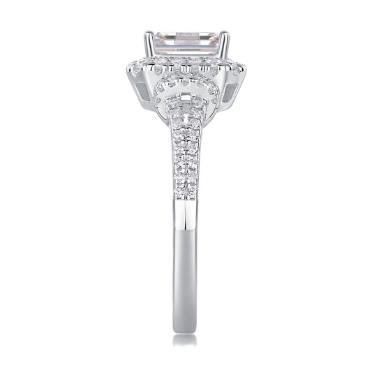 Emerald-Cut Moissanite Halo Ring with Split Pave Shank in 925 Silver
