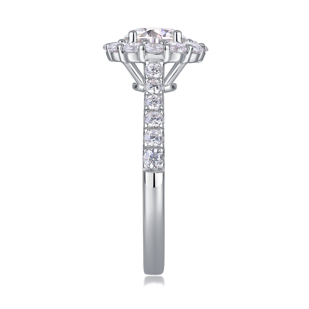 Round Moissanite Floral Halo Ring with Pave Band in 925 Silver