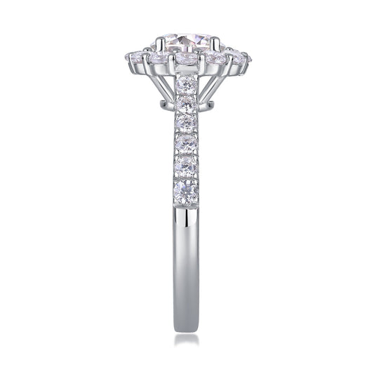 Round Moissanite Floral Halo Ring with Pave Band in 925 Silver