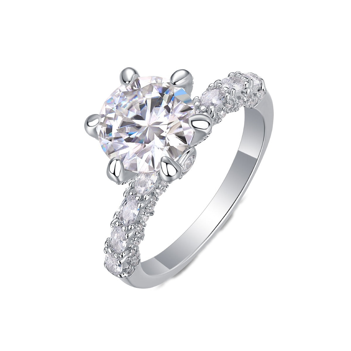 Round Moissanite Six-Prong Solitaire with Patterned Pave Band in 925 Silver