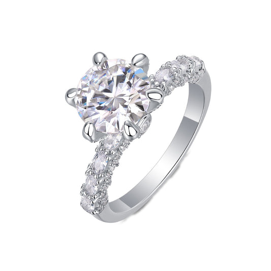 Round Moissanite Six-Prong Solitaire with Patterned Pave Band in 925 Silver