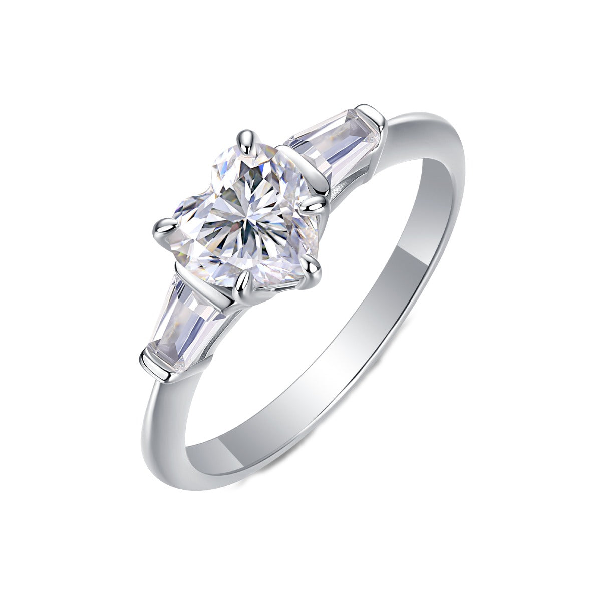 Heart Moissanite Ring with Tapered Baguette Side Stones in 925 Silver