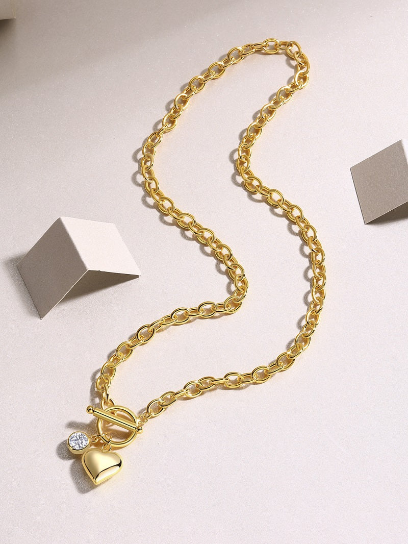Rolo Chain Toggle Necklace with Moissanite Heart Charm in Gold-Plated 925 Silver