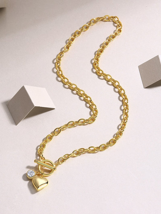 Rolo Chain Toggle Necklace with Moissanite Heart Charm in Gold-Plated 925 Silver
