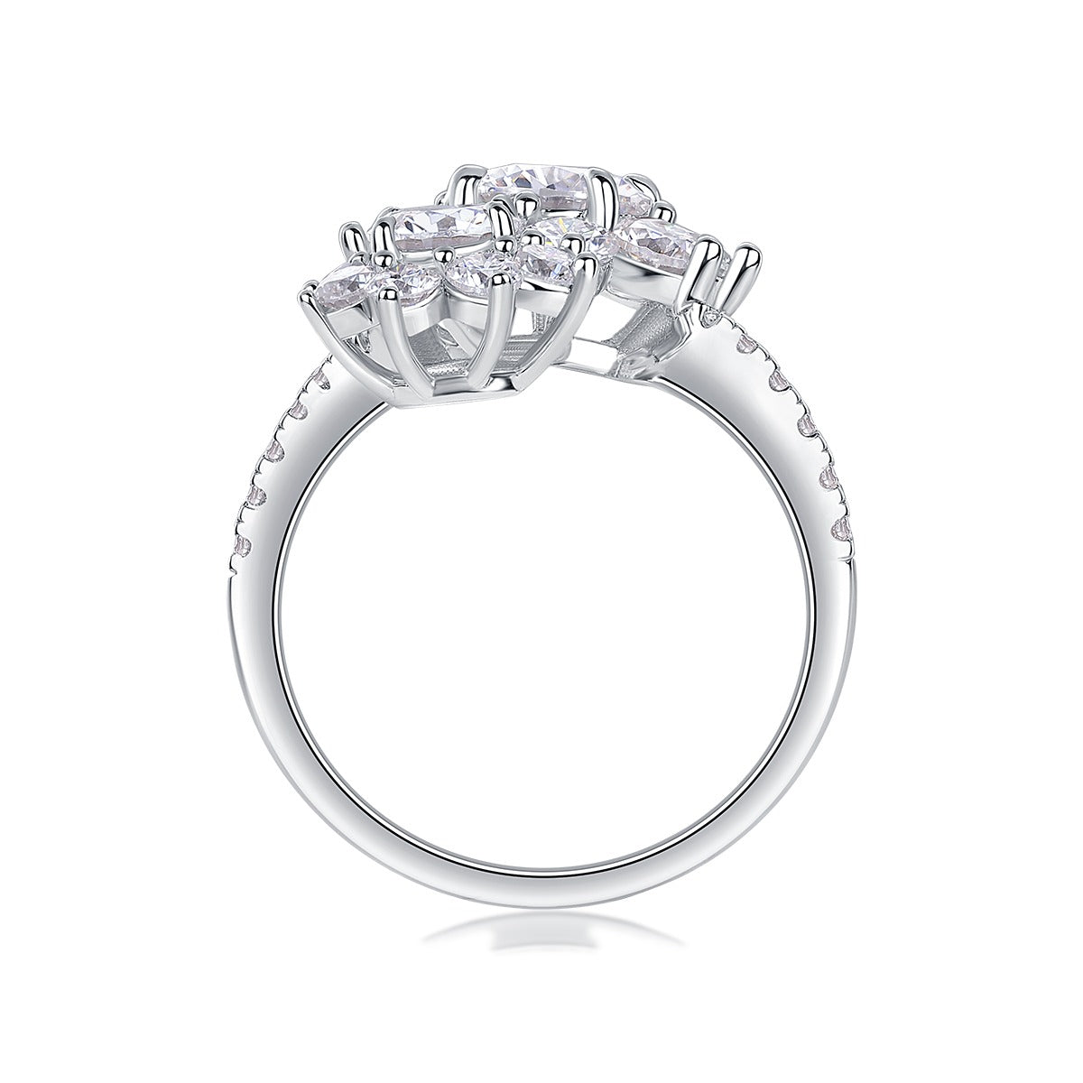 Moissanite Double Flower Cluster Bypass Ring in 925 Sterling Silver