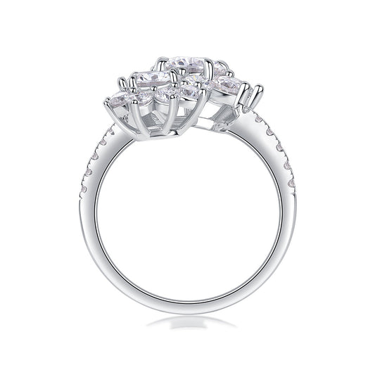 Moissanite Double Flower Cluster Bypass Ring in 925 Sterling Silver