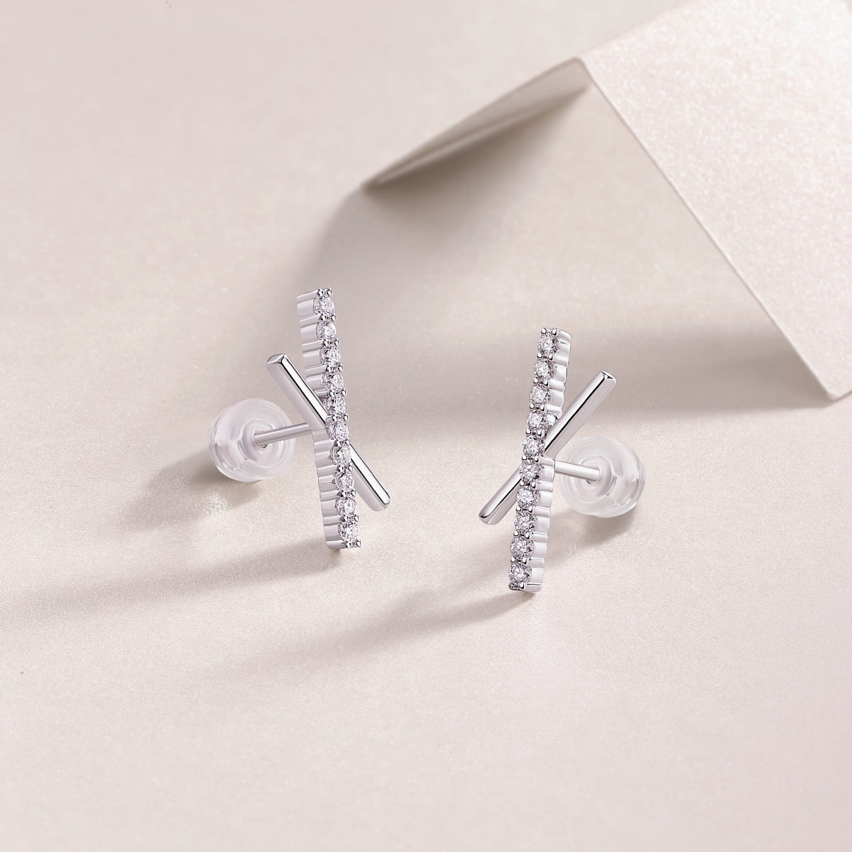 Moissanite Pave Crossed-Bar X Stud Earrings in 925 Sterling Silver