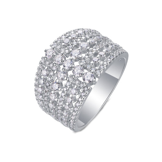 Wide Multi-Row Moissanite Pave Cocktail Ring in 925 Sterling Silver