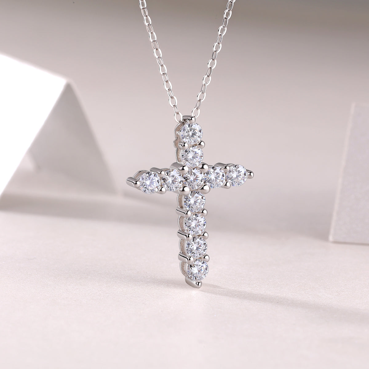 Round Moissanite Cross Pendant Necklace in 925 Sterling Silver