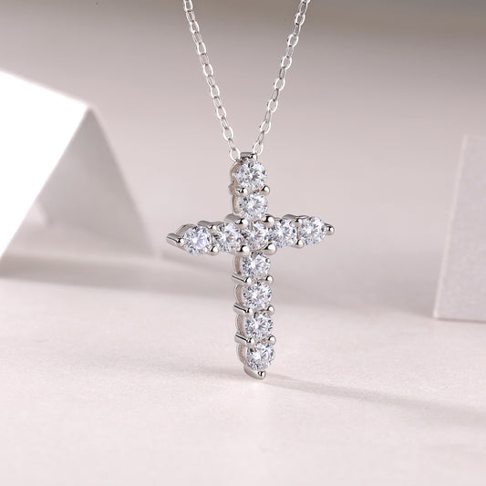 Round Moissanite Cross Pendant Necklace in 925 Sterling Silver