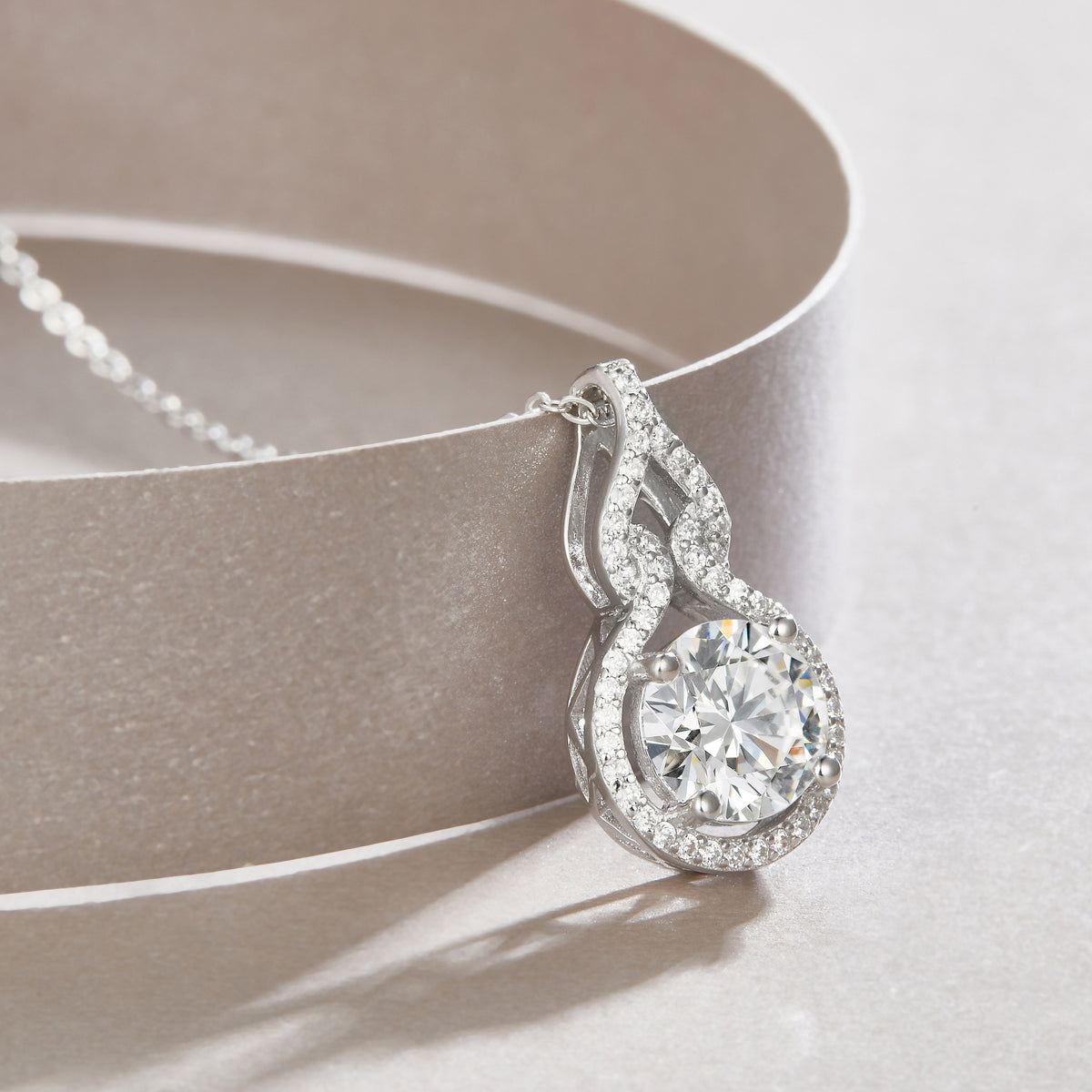Round Moissanite Halo Pendant with Pave Swirl Bail in 925 Silver