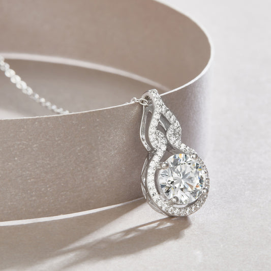 Round Moissanite Halo Pendant with Pave Swirl Bail in 925 Silver