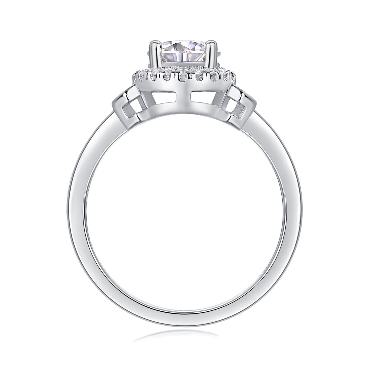 Round Moissanite Halo Ring with Geometric Side Accents in 925 Silver