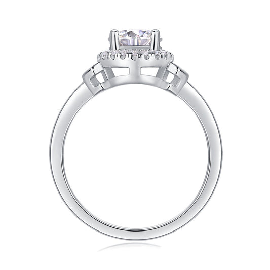 Round Moissanite Halo Ring with Geometric Side Accents in 925 Silver