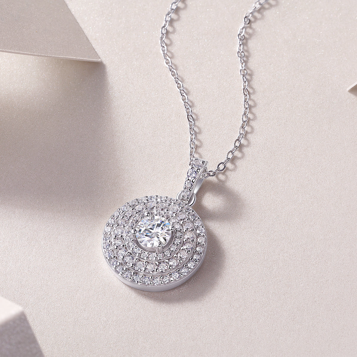 Round Moissanite Double-Halo Disc Pendant Necklace in 925 Silver