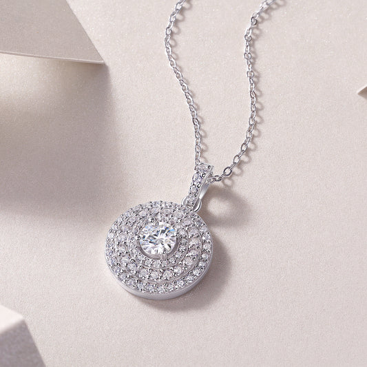 Round Moissanite Double-Halo Disc Pendant Necklace in 925 Silver