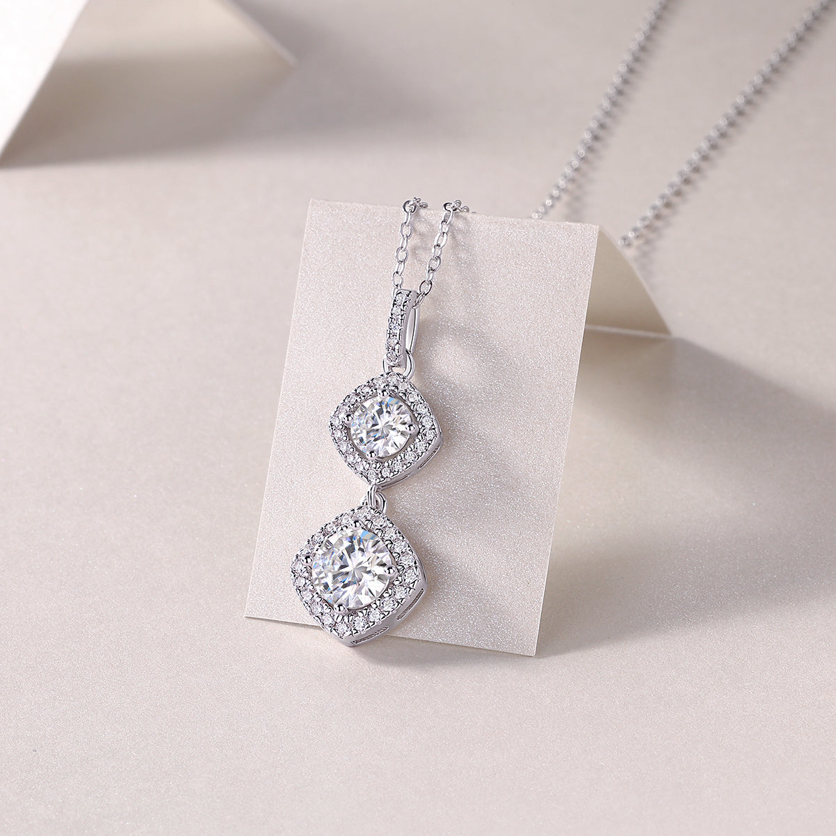 Round Moissanite Double Cushion-Halo Drop Pendant in 925 Silver