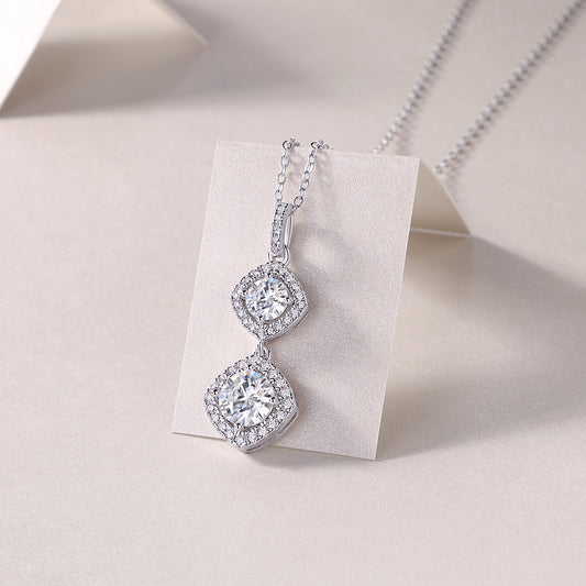 Round Moissanite Double Cushion-Halo Drop Pendant in 925 Silver