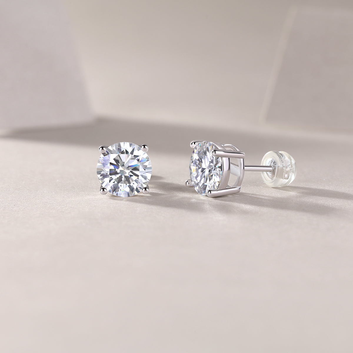 Round Moissanite Four-Prong Solitaire Stud Earrings in 925 Silver