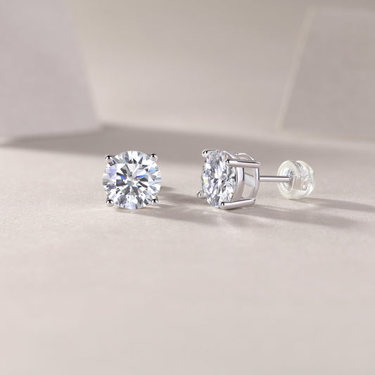 Round Moissanite Four-Prong Solitaire Stud Earrings in 925 Silver