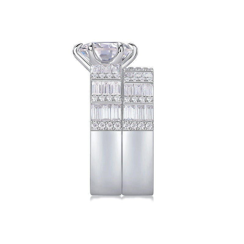 Round Moissanite Solitaire on Wide Baguette Band in 925 Silver